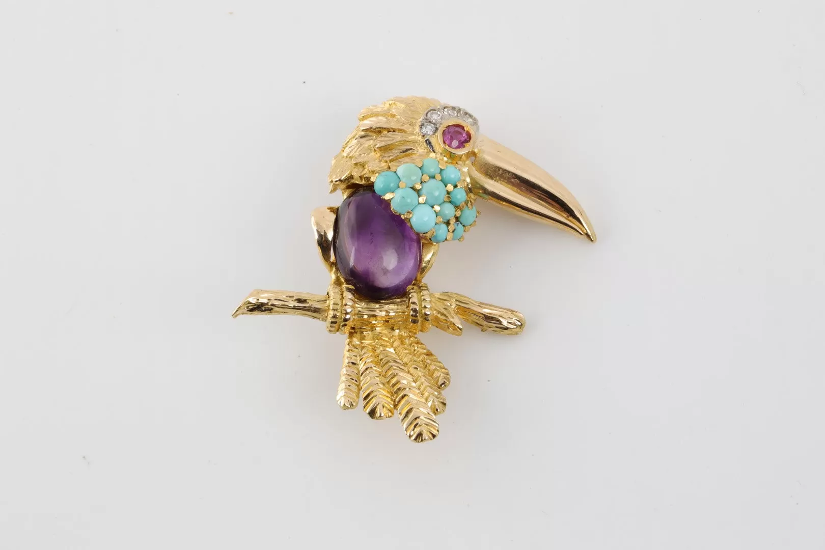 18k Yellow Gold Amethyst, Turquoise, Ruby & Diamond Toucan Brooch (17.02g.)