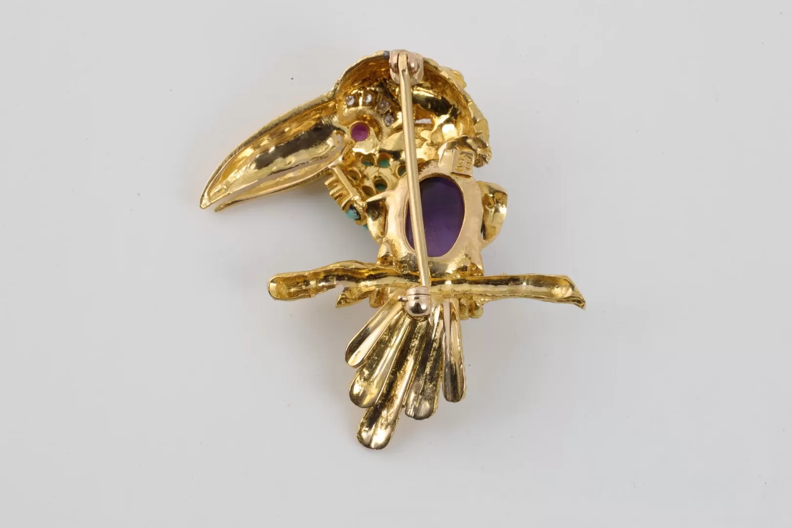 18k Yellow Gold Amethyst, Turquoise, Ruby & Diamond Toucan Brooch (17.02g.)