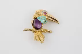 18k Yellow Gold Amethyst, Turquoise, Ruby & Diamond Toucan Brooch (17.02g.)