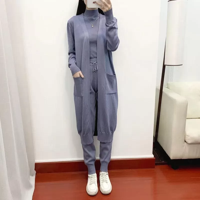 3 Piece Long Cardigan Women Pants Sweater Set