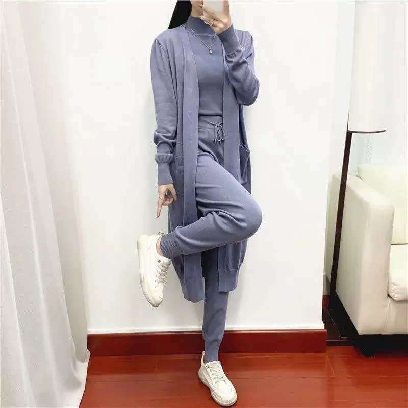 3 Piece Long Cardigan Women Pants Sweater Set