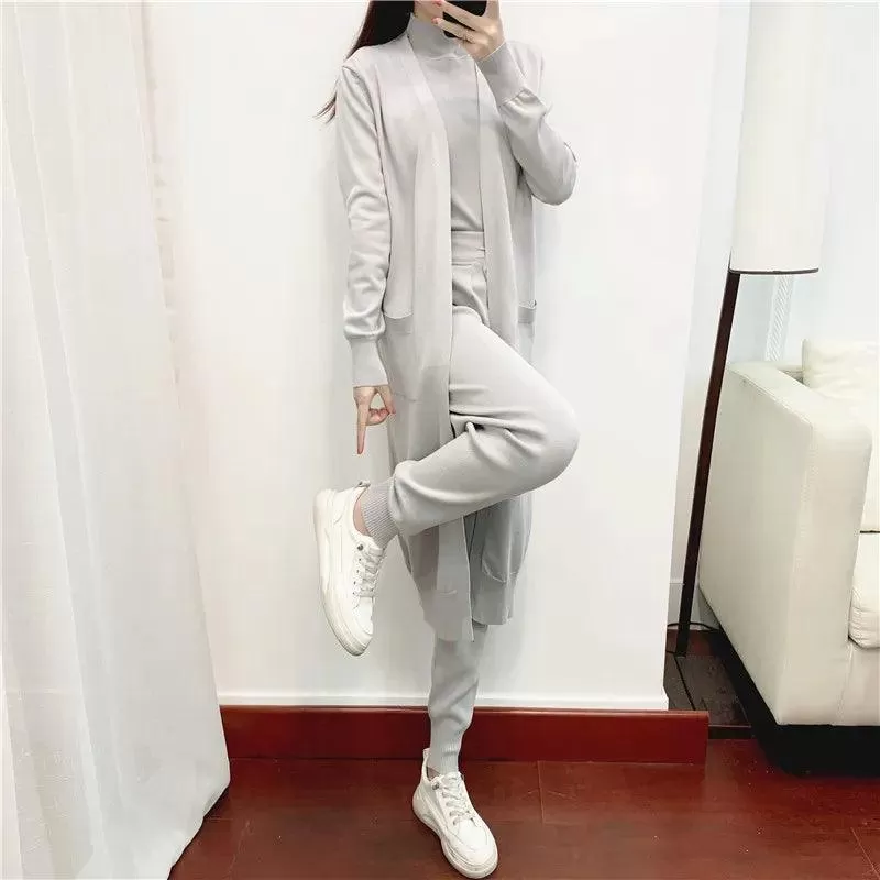 3 Piece Long Cardigan Women Pants Sweater Set