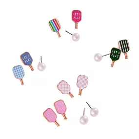 3PCS Enamel Pickle Ball Paddle Pearl Stud Earring Set