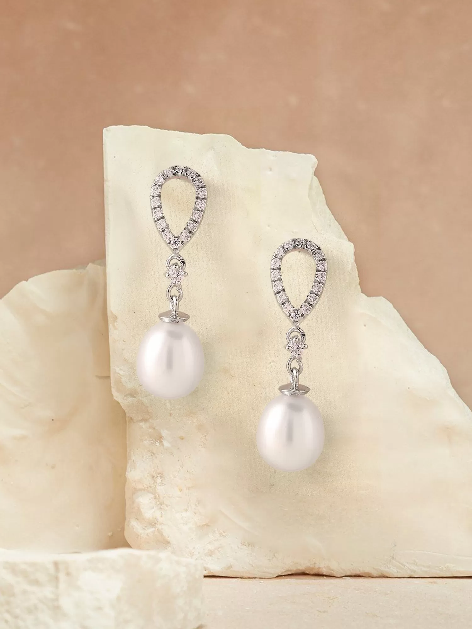 925 Silver Pearl and American Diamond Dangle Earrings For Women