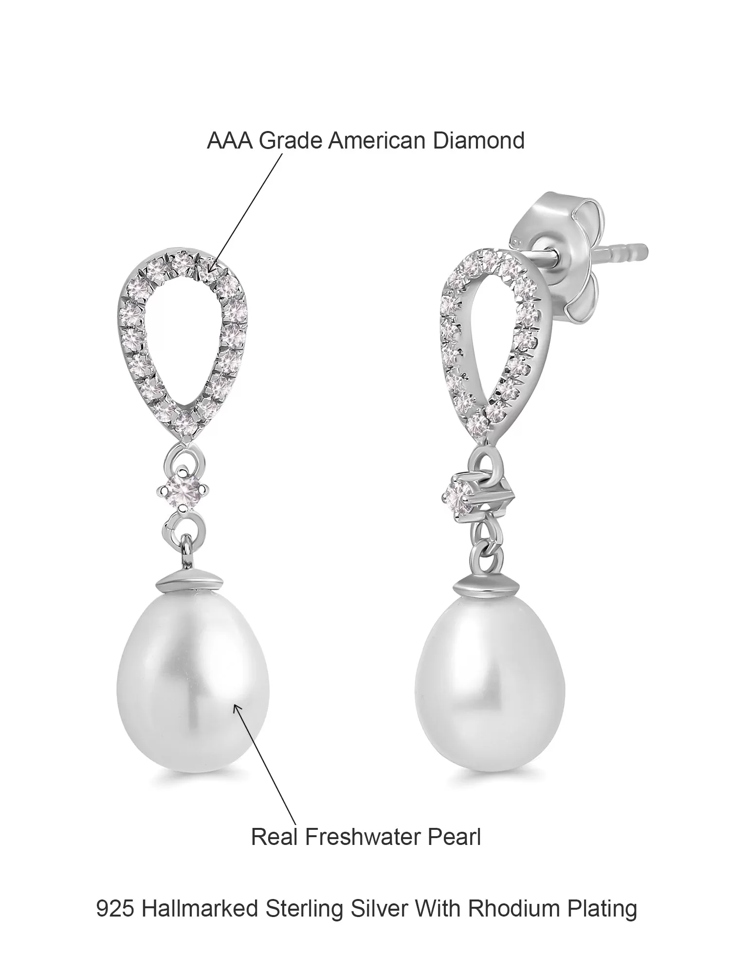 925 Silver Pearl and American Diamond Dangle Earrings For Women