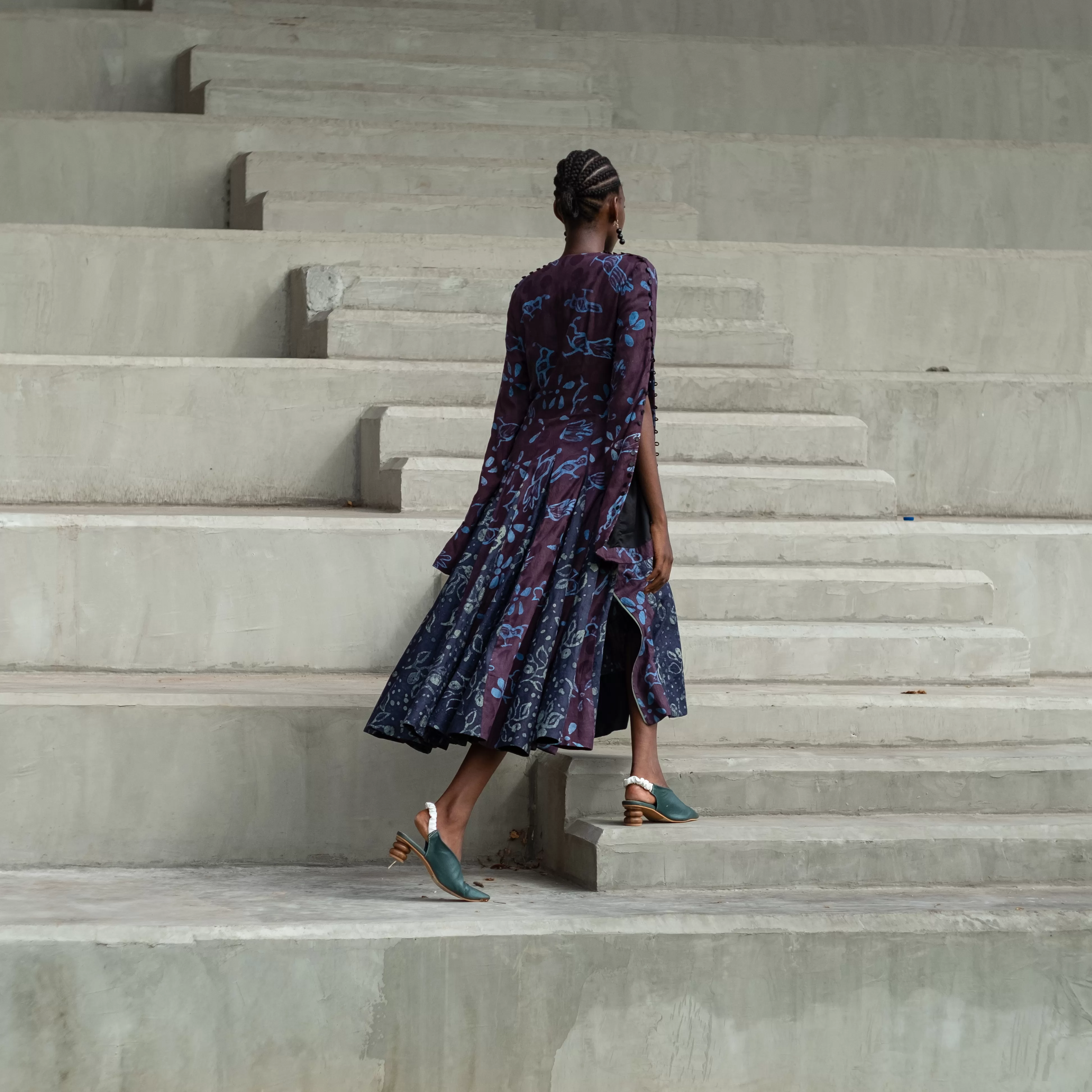 Abiola Olusola ADIRE BIRD AND FLOWER PRINT BUTTON DOWN APARO DRESS