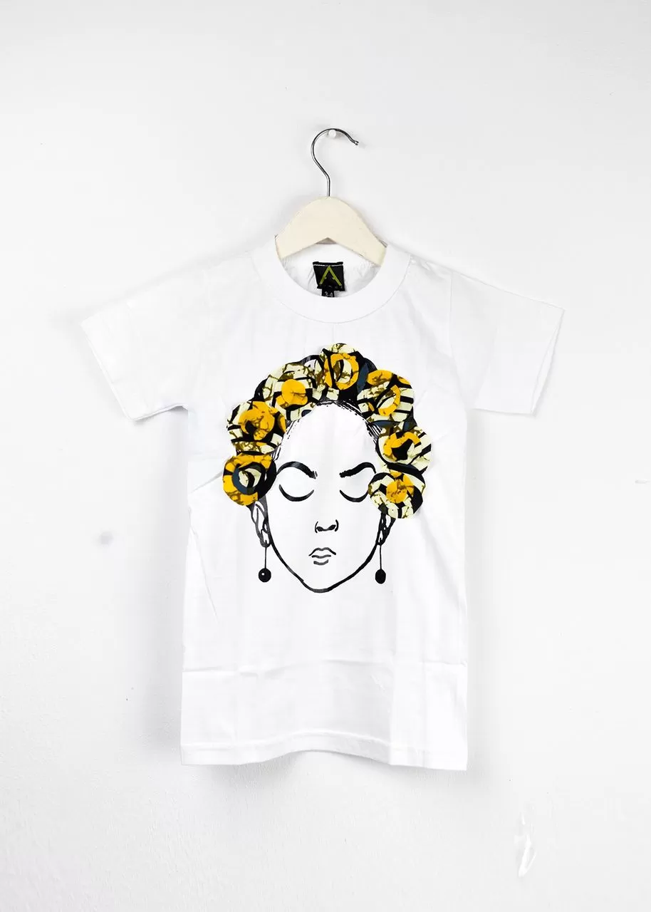 Aimas Flower Crown neck Tee shirt with girl image and adire flower crown