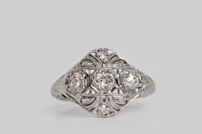 Art Deco Era OMC Diamond Shaped Openwork Panel Ring in 18k Gold