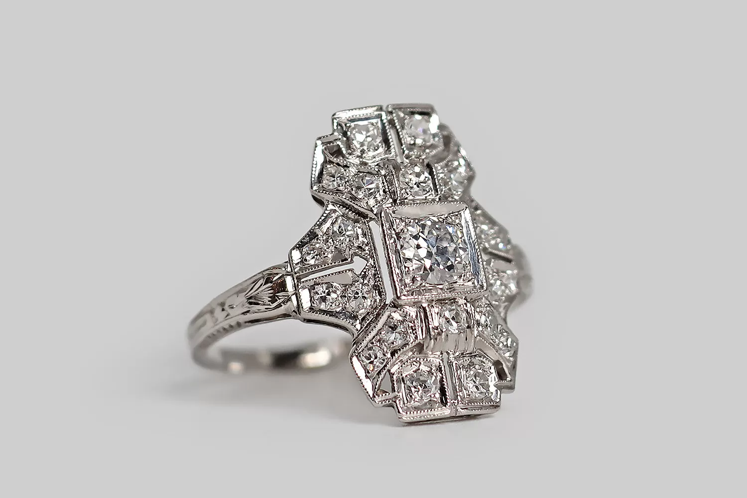 Art Deco Transitional Cut Diamond Shield Ring