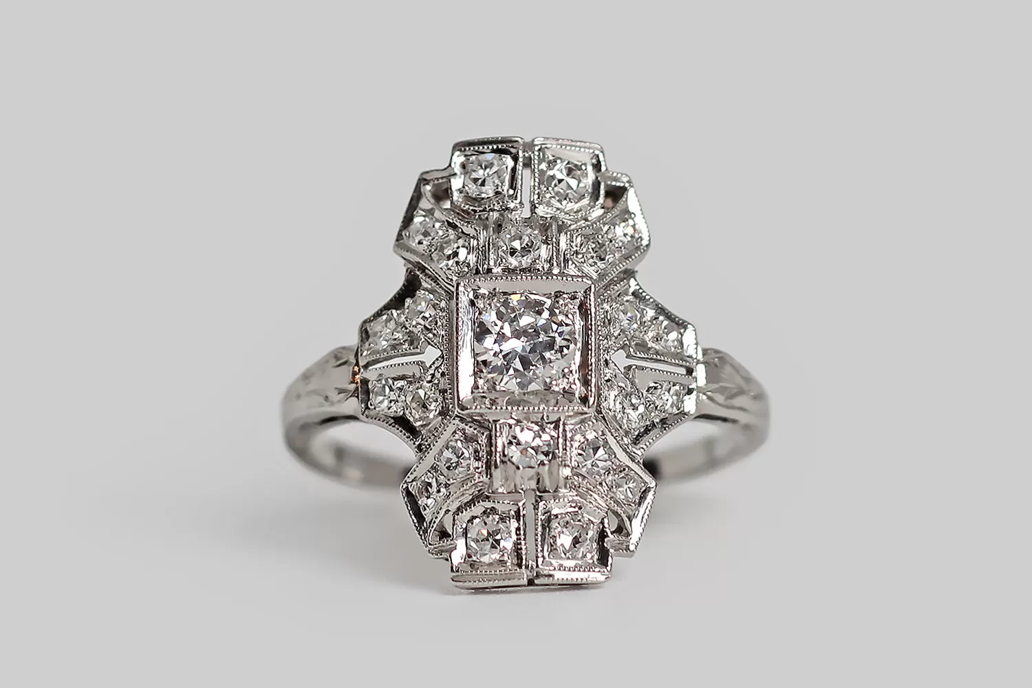 Art Deco Transitional Cut Diamond Shield Ring