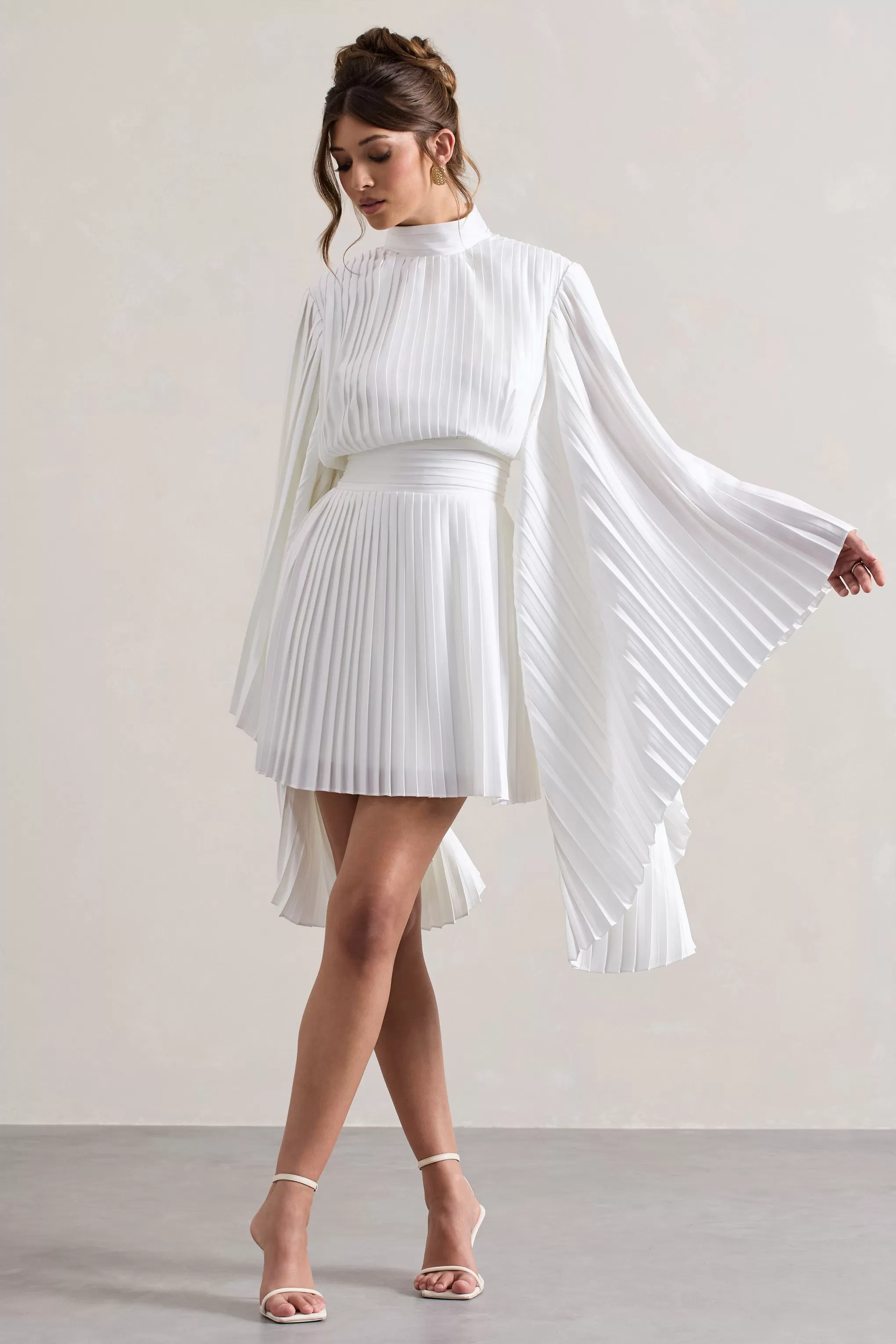 Charity | White Pleated High-Neck Mini Dress With Cape Sleeves