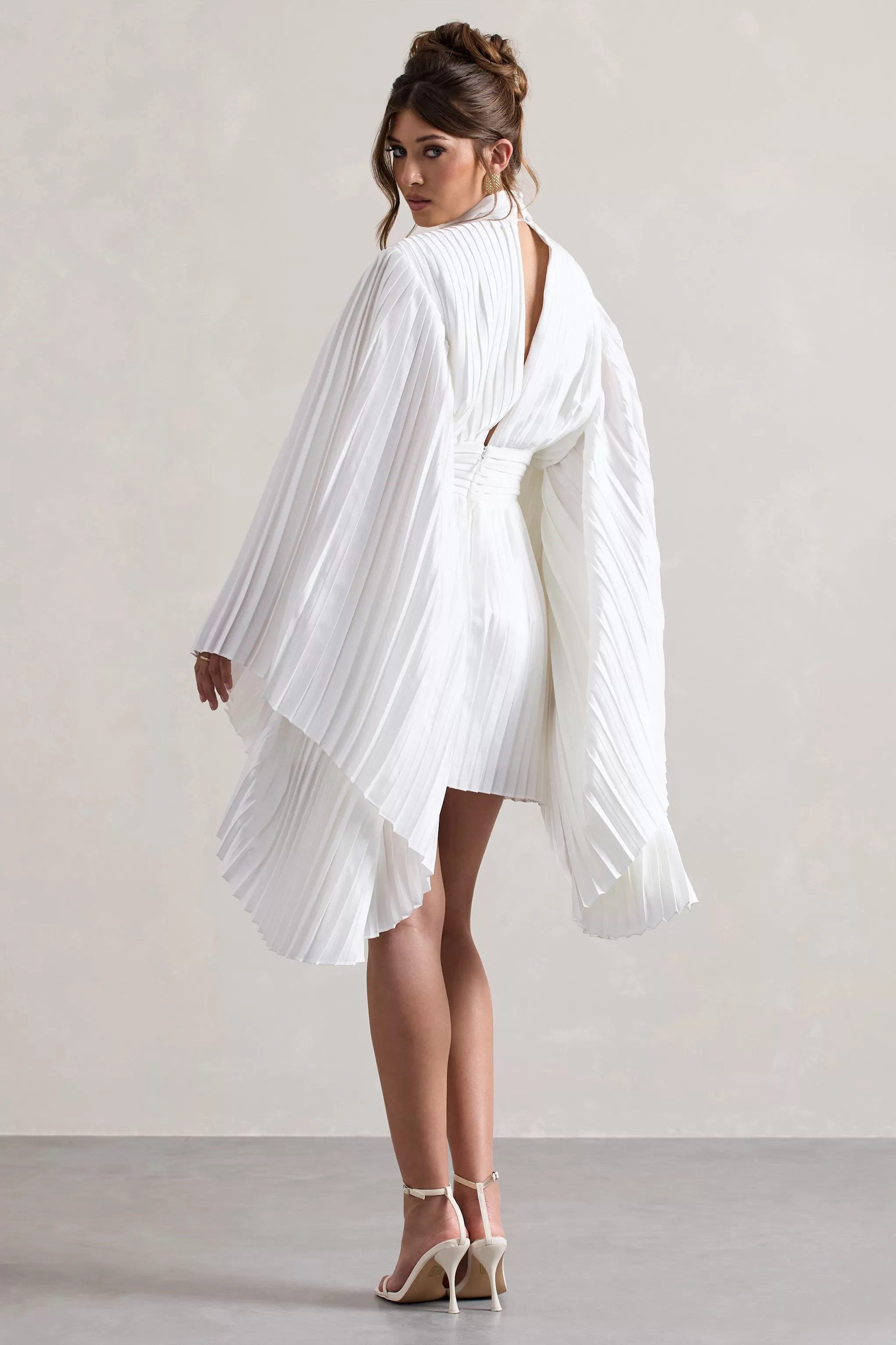 Charity | White Pleated High-Neck Mini Dress With Cape Sleeves