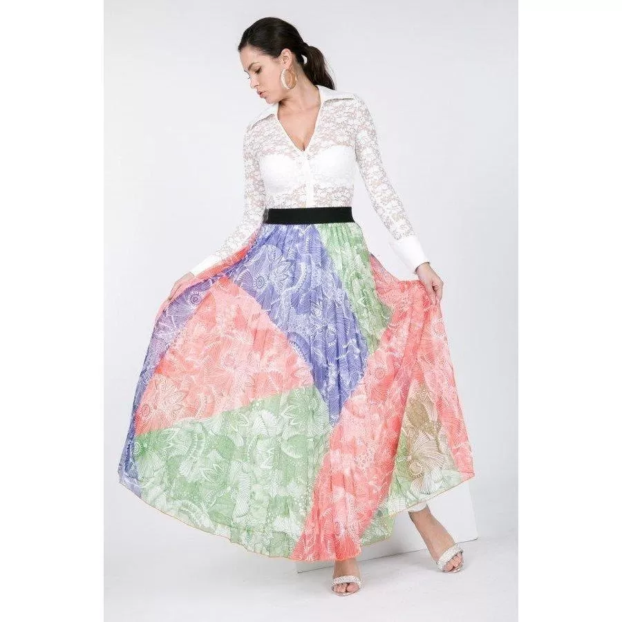 Color Block Pleated Maxi Skirt