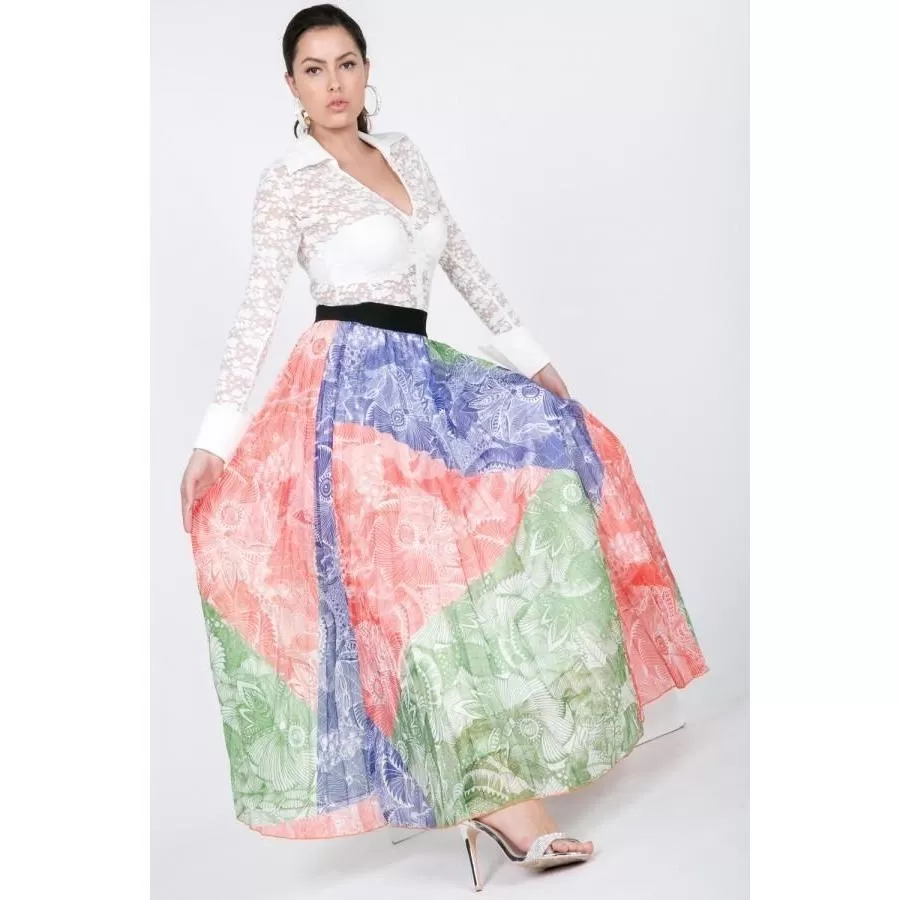 Color Block Pleated Maxi Skirt