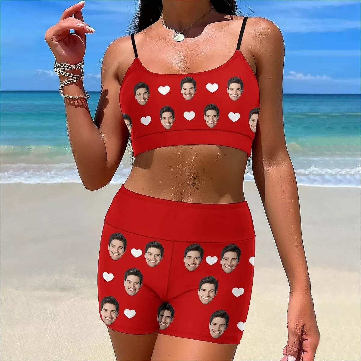 Custom Face Love Heart Boyshorts Bikini Set Personalized High Waisted Sling Bikini Bathing Suit