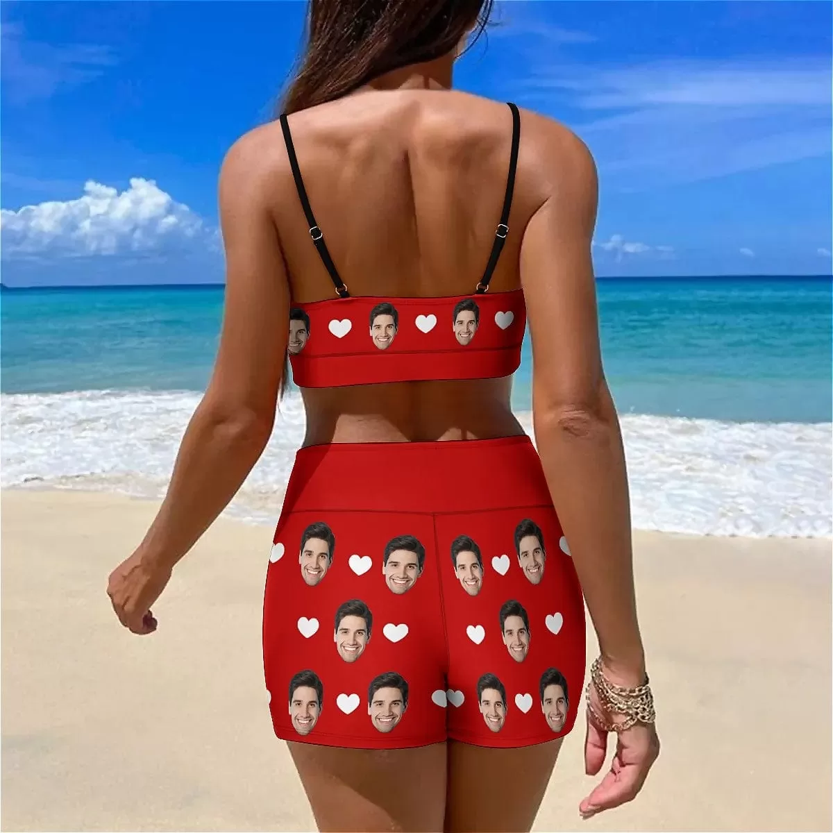 Custom Face Love Heart Boyshorts Bikini Set Personalized High Waisted Sling Bikini Bathing Suit