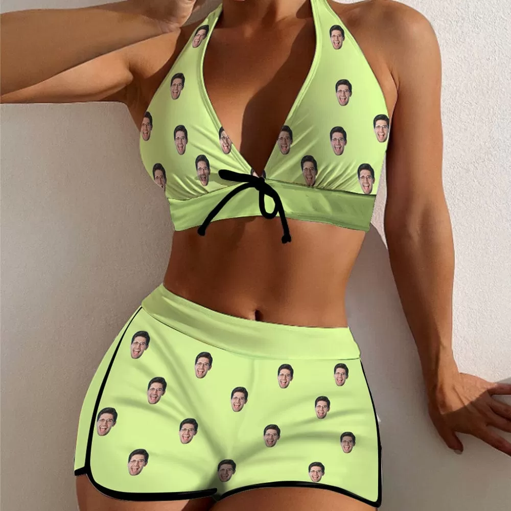 Custom Face Multiple Colors Boyshorts Bikini Set Personalized Halter V Neck Top Athletic Bathing Suit High Waisted Bikini