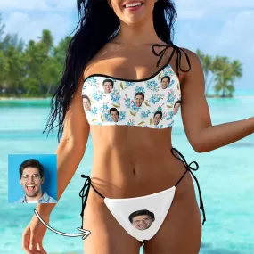 Custom Face White Flowers Bikini Set Personalized Women's Off-Shoulder String Swimsuit