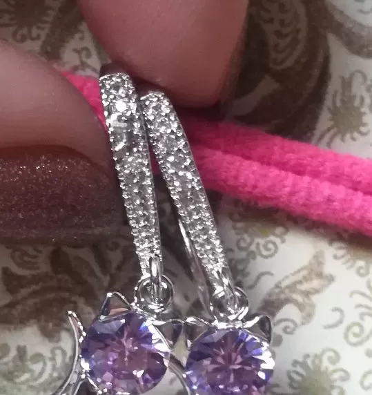 Cute Purple CZ Crystal Cat Drop Earring