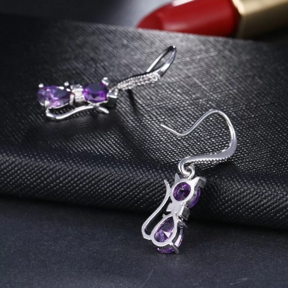 Cute Purple CZ Crystal Cat Drop Earring