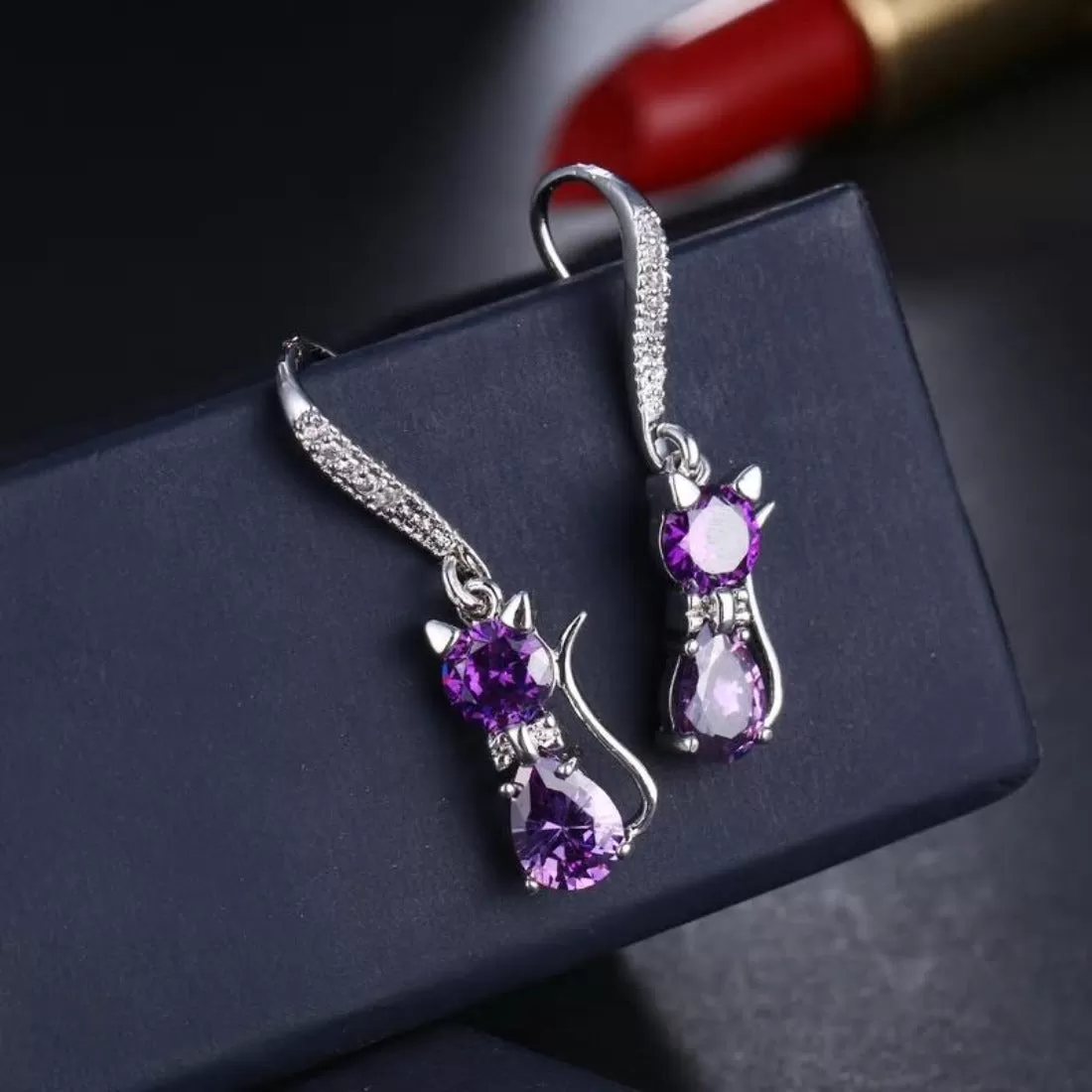 Cute Purple CZ Crystal Cat Drop Earring