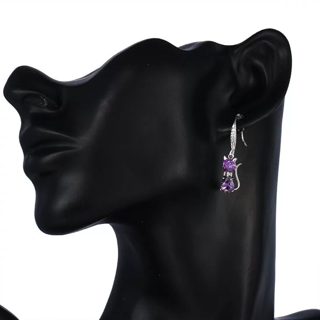 Cute Purple CZ Crystal Cat Drop Earring