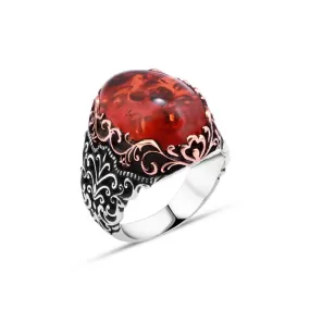 Domic Red Synthetic Amber Stone Silver Men's Ring with Wavy Pattern Around