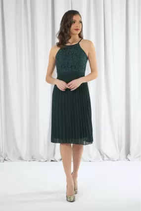 Double Second Green Halter Neck Pleated Lace Dress