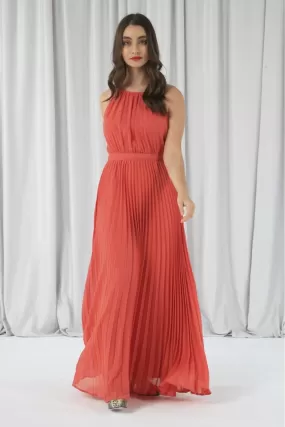 Double Second Red Sleeveless Pleated Dress