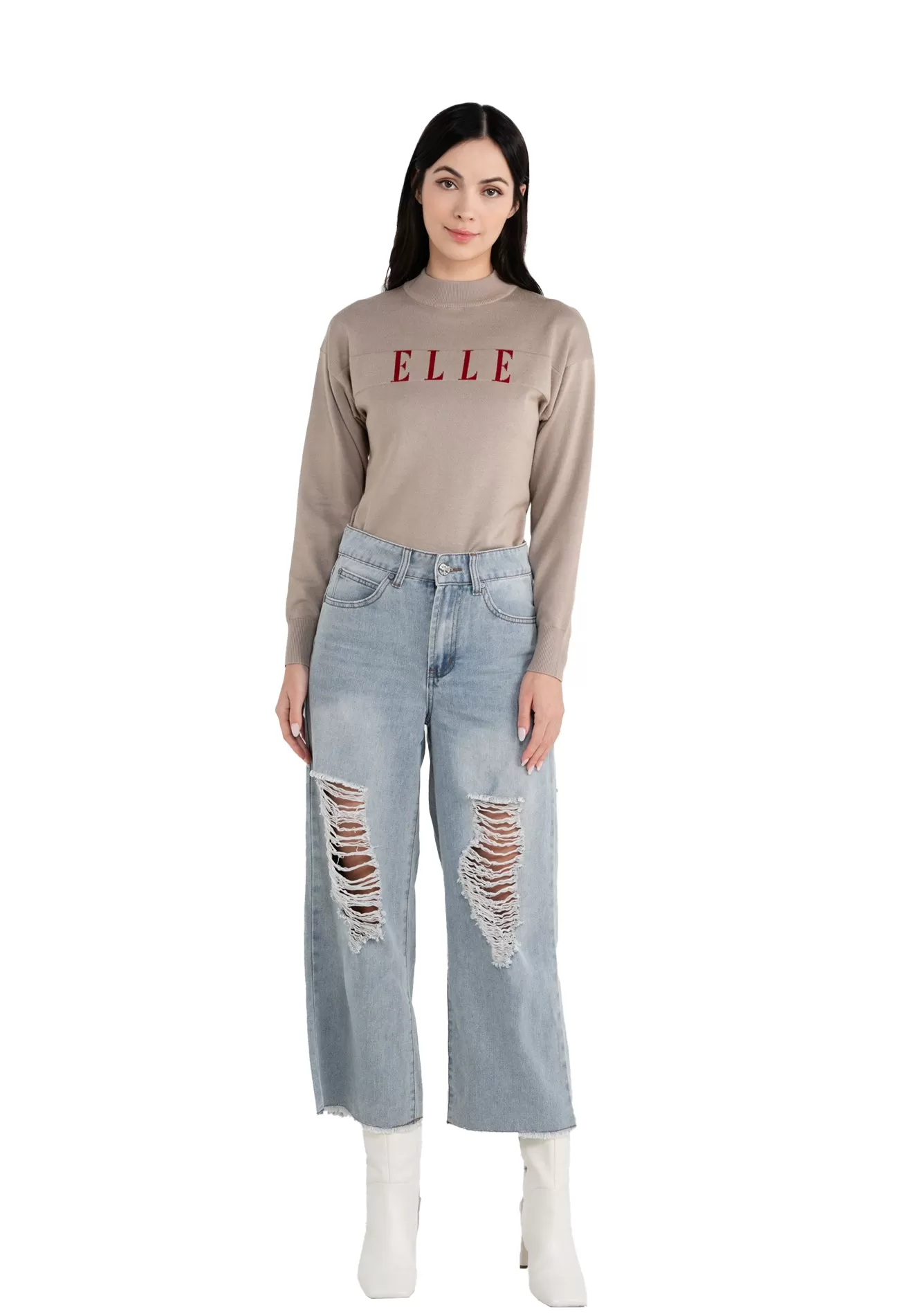 ELLE Apparel High Waist Ripped Denim Jeans