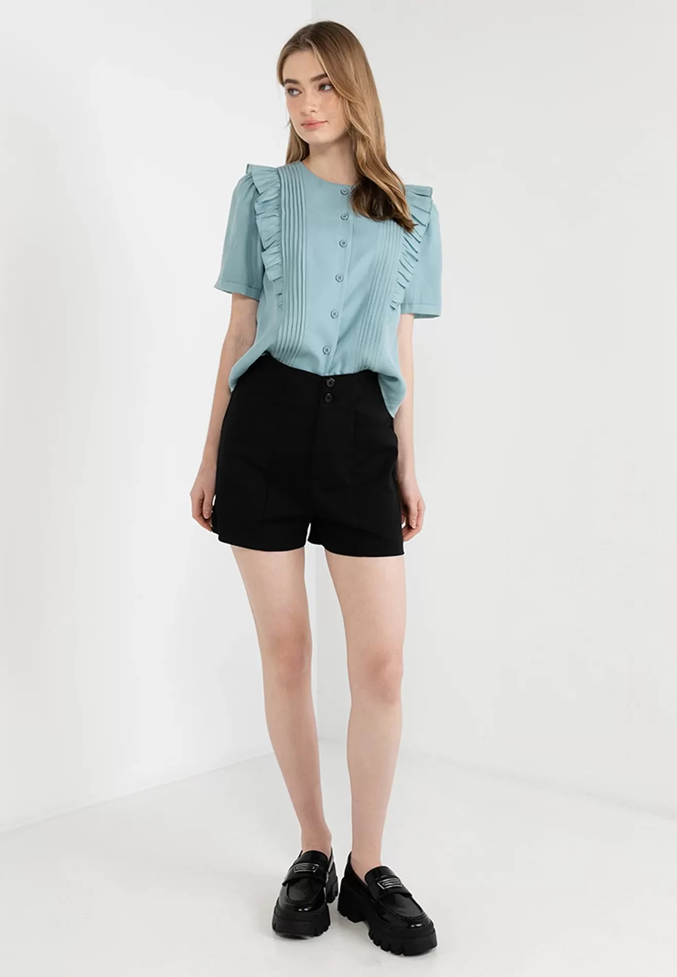 ELLE Apparel Ruffle Details Button Up Top