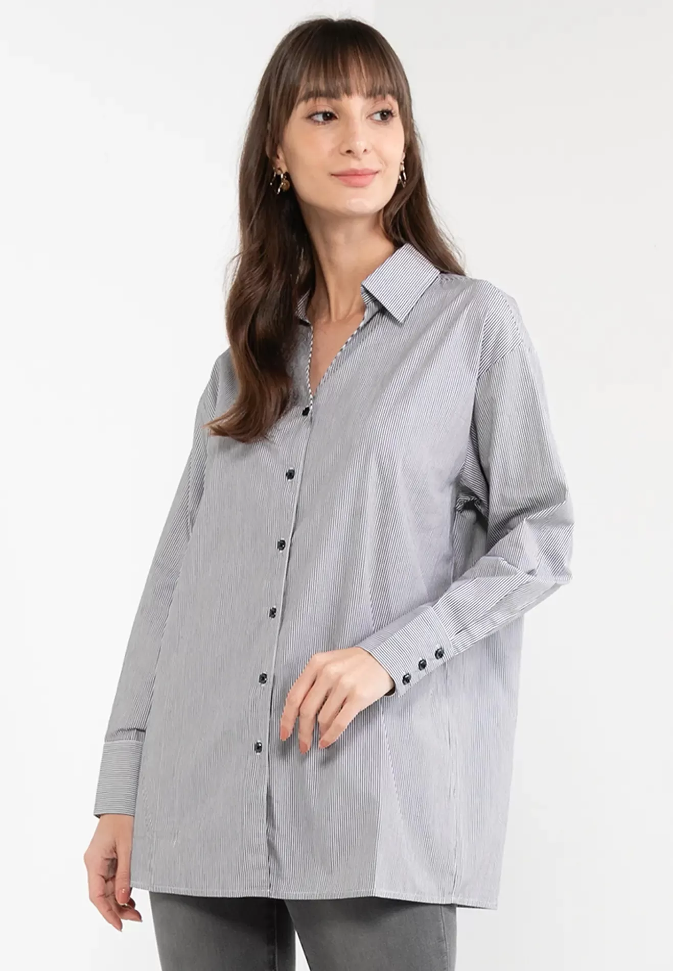 ELLE Apparel Spread Collar Striped Blouse