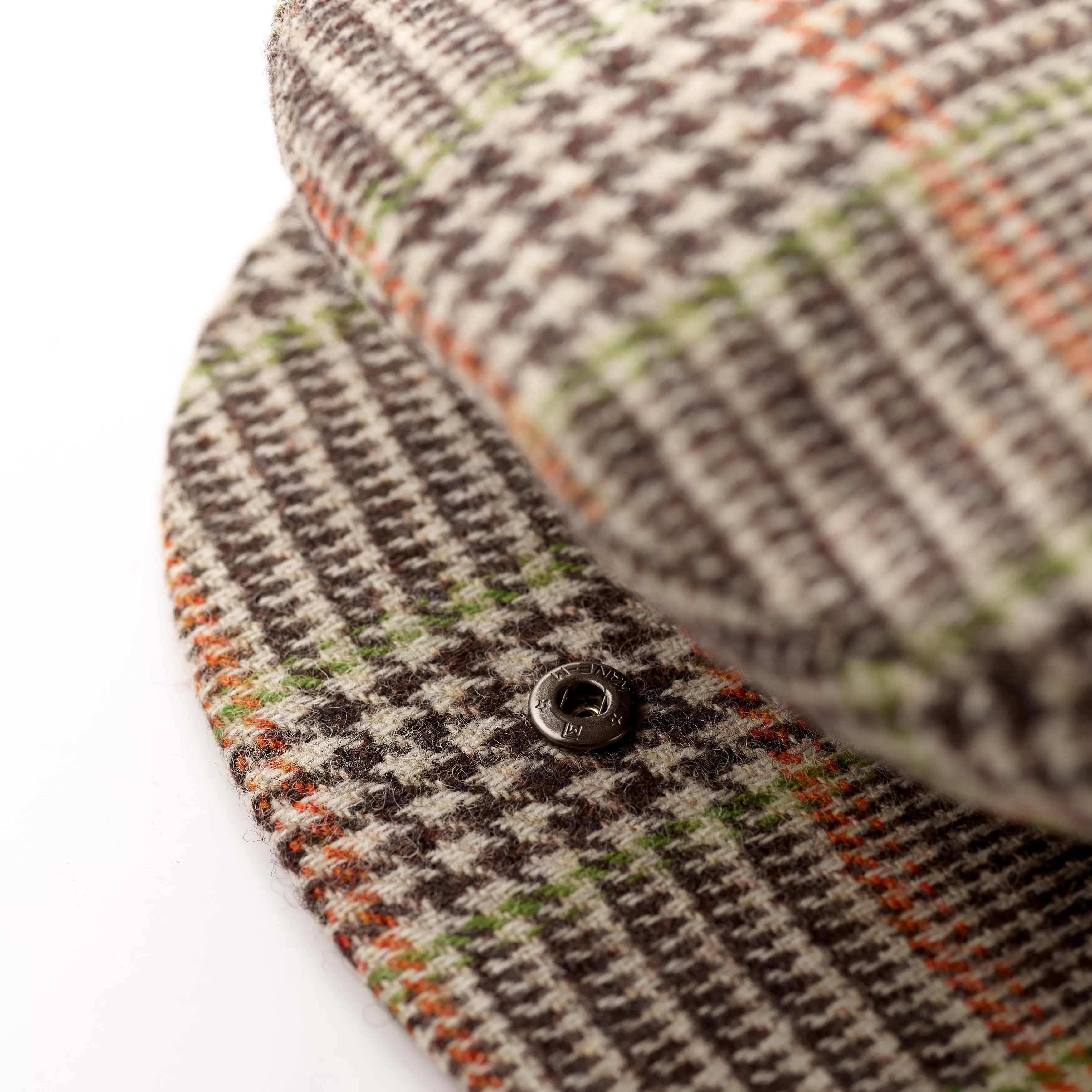 Fox Tweed Cap With Snap Brim In Chocolate Glen Check with Lime and Tangerine Deco