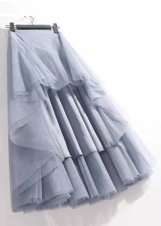 French Haze Blue Elastic Waist Tulle Pleated Skirt Summer AS1084