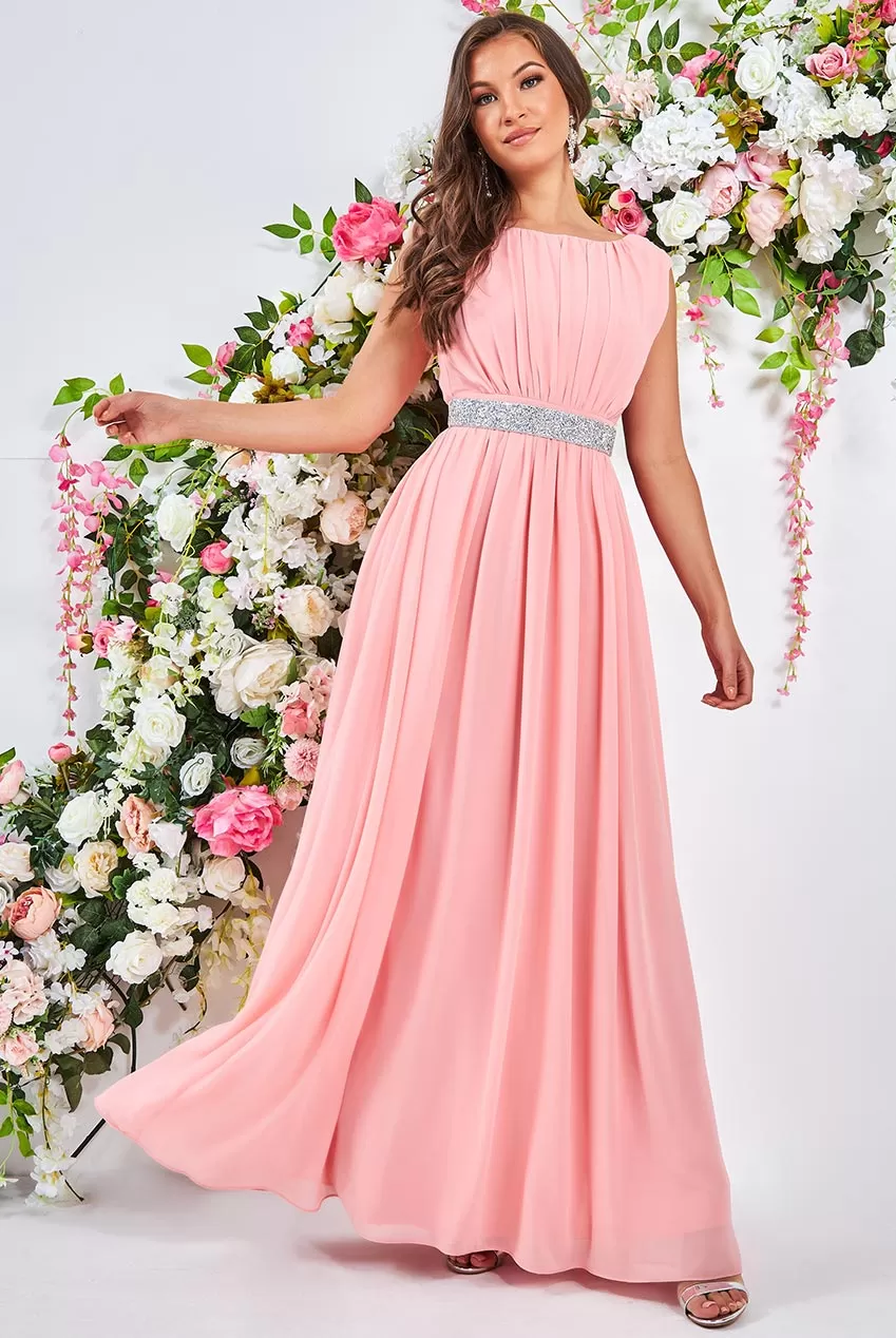 Goddiva Chiffon Maxi With Embellished Belt