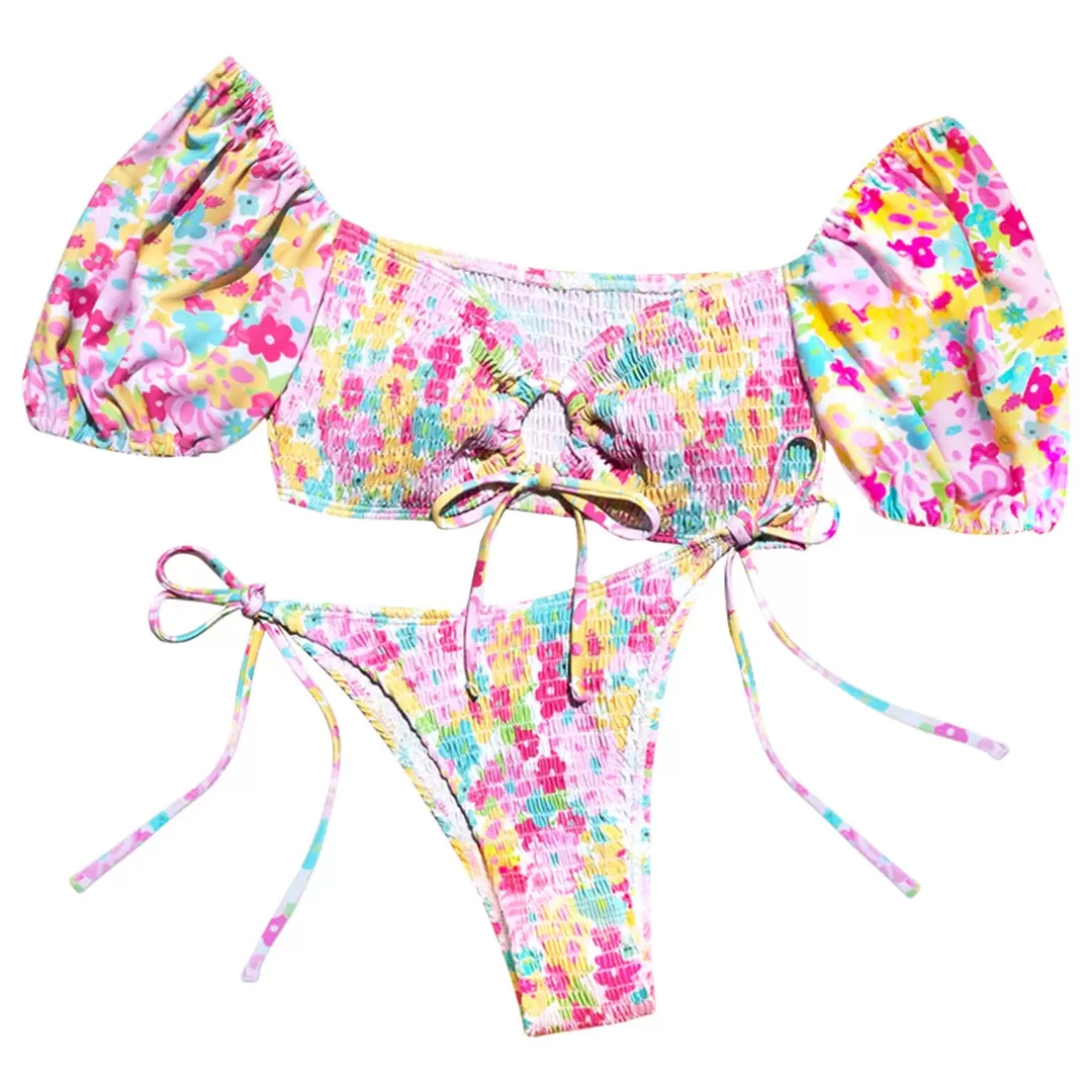 In Full Bloom geblümter Bikini mit Puffärmeln