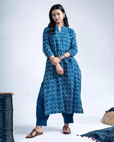 Indigo Blue Cotton Afghani Pattern Kurti Pant Set Of 2