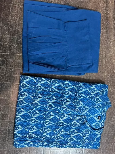 Indigo Blue Cotton Afghani Pattern Kurti Pant Set Of 2