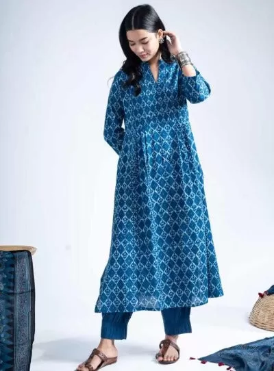 Indigo Blue Cotton Afghani Pattern Kurti Pant Set Of 2