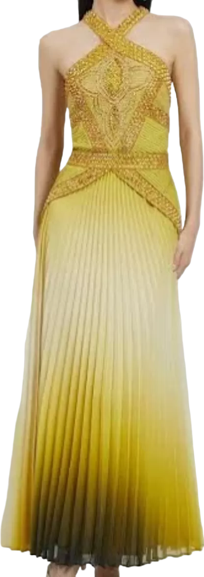 Karen Millen Yellow Geo Embellished Ombre Pleated Woven Maxi Dress BNWT UK 6