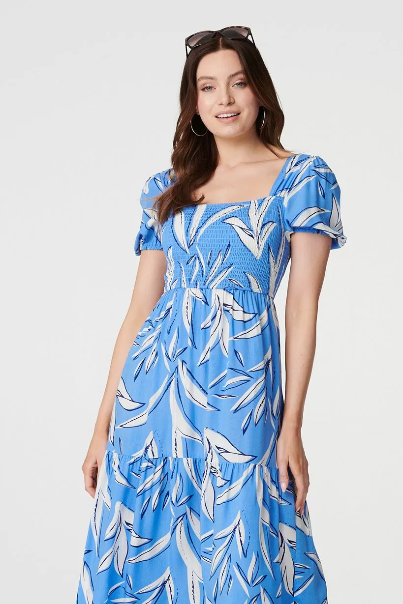 Leaf Print Smocked Midi Dress