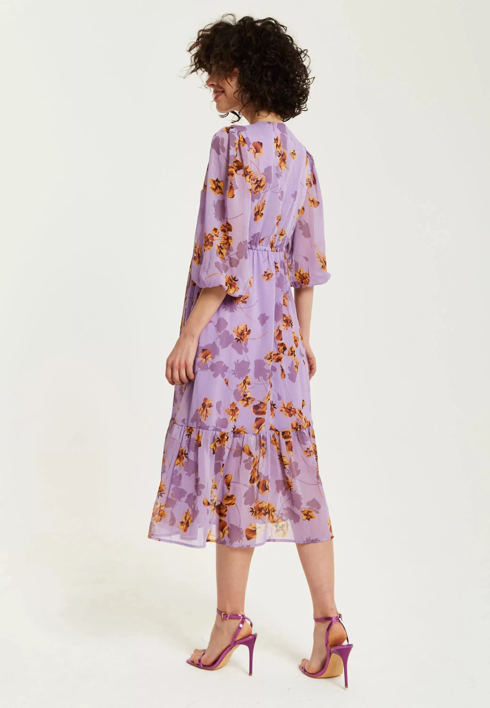 Liquorish Purple Floral V-neck Midi Dress