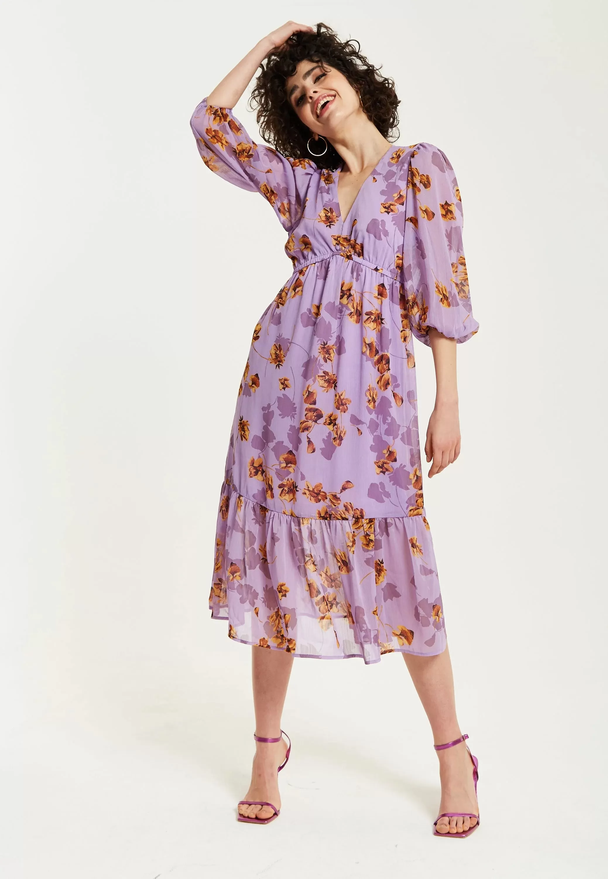 Liquorish Purple Floral V-neck Midi Dress