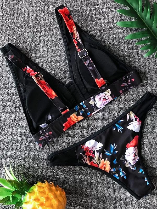 Mesh Floral Print Triangle Bikini