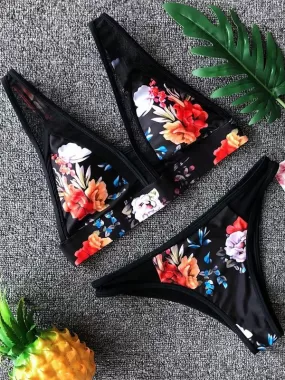 Mesh Floral Print Triangle Bikini