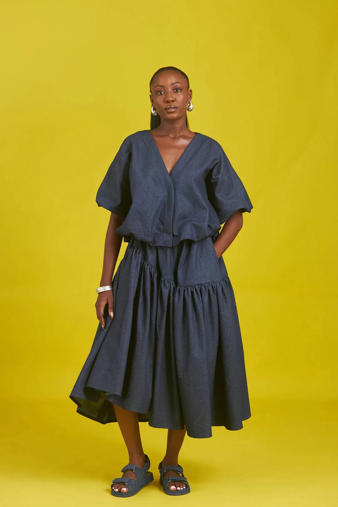 M.O.T Amaka denim skirt set, Short-sleeve bubble jacket, Asymmetric Gathered skirt