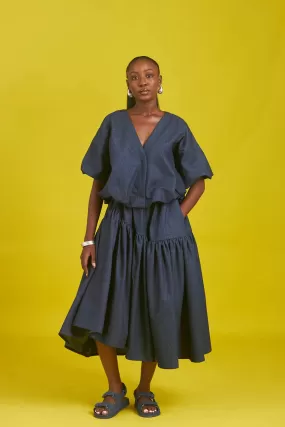 M.O.T Amaka denim skirt set, Short-sleeve bubble jacket, Asymmetric Gathered skirt