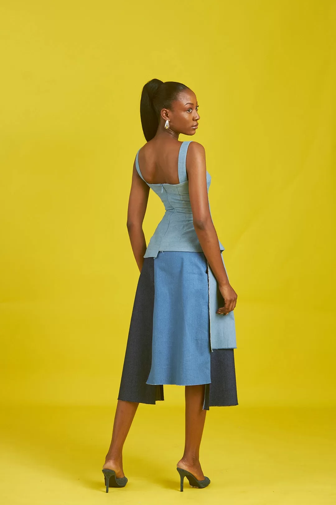 M.O.T Gola denim set, Fitted asymmetrical top with straps and Layered Aline skirt