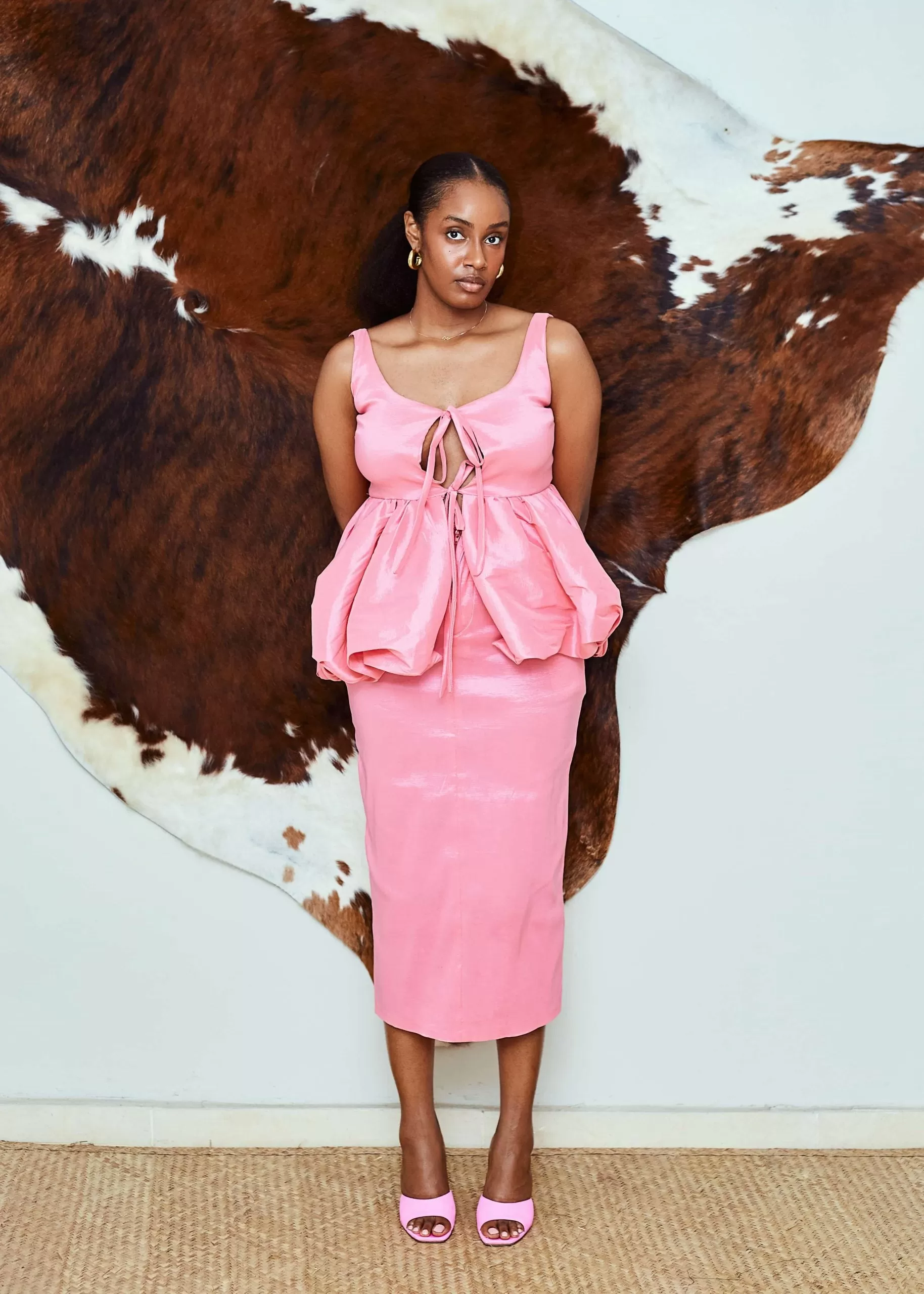 Nyosi Brand Koju, Pink Taffeta Puff Blouse with Matching Maxi Skirt