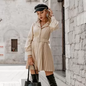 Office lady notched button pleated blazer dress women Lantern sleeves A-line belt mini dresses Female solid vestido 2021